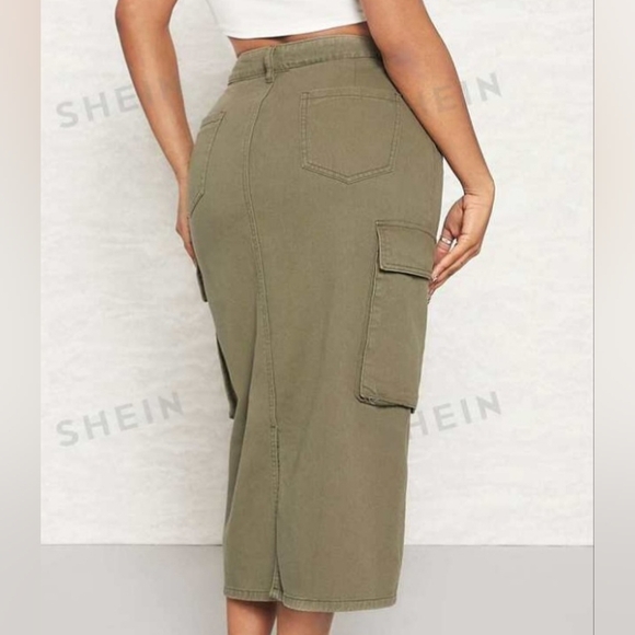 Shein Sxy • Women's Army Green High Waist Cargo Flap Pocket Denim Jean Skirt - Picture 4 of 16